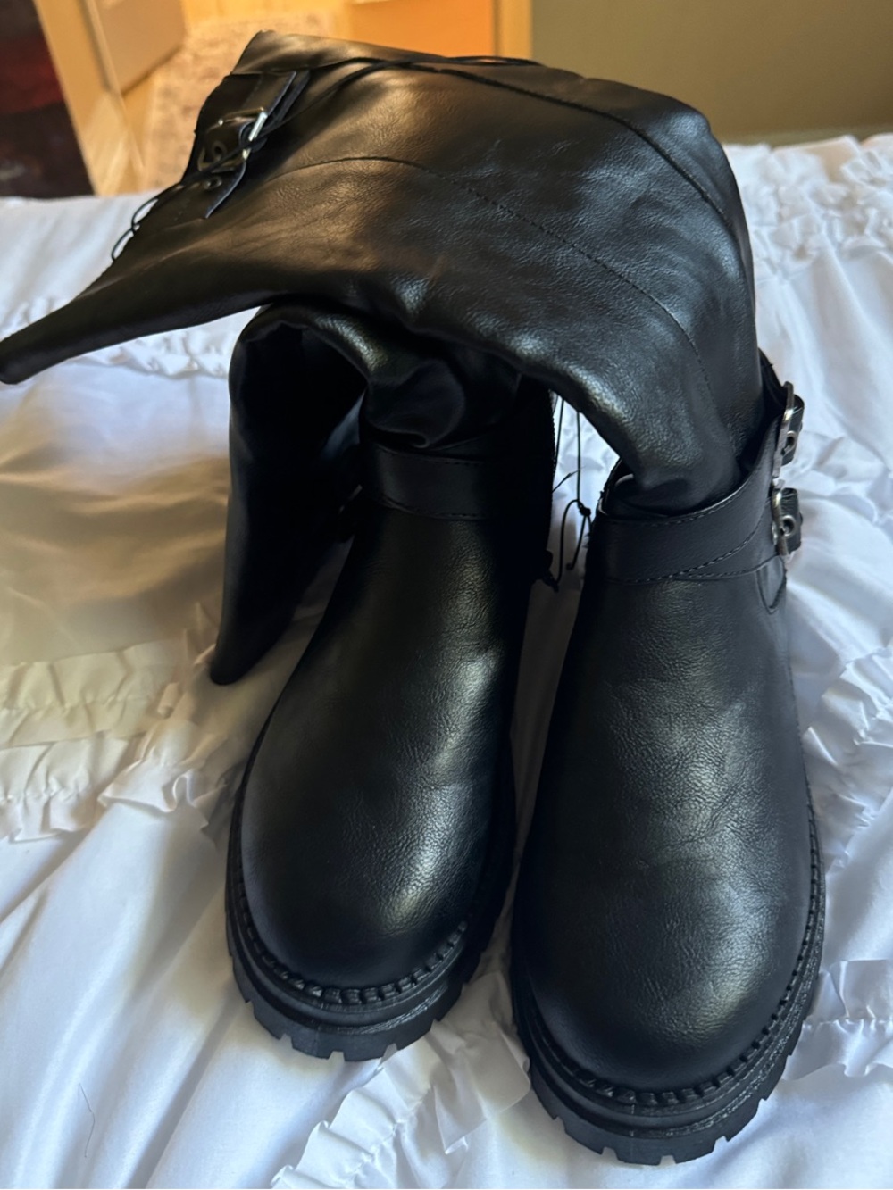 New pop Black Knee-High Buckle and zipper Boots